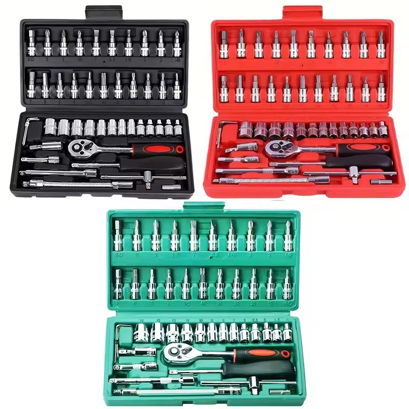 High Quality 46 Pcs 1/4 DR Car Repair Tool Box Spanner Chrome Vanadium Hand Tools and Ratchet Wrench Socket Set
