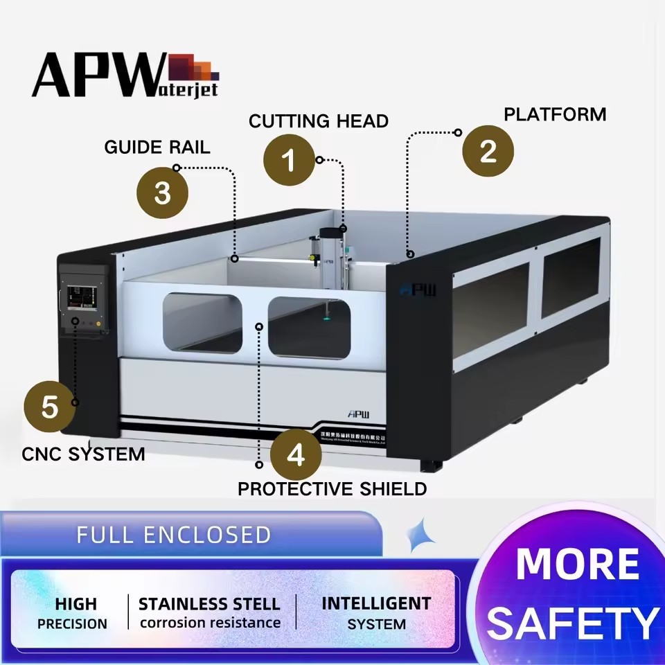 APW High Precision 5 Axis Abrasive Water Jet Cutting Machine for Servo Motor Pump 3D Bevel Cutter for Rock Slab Stainless