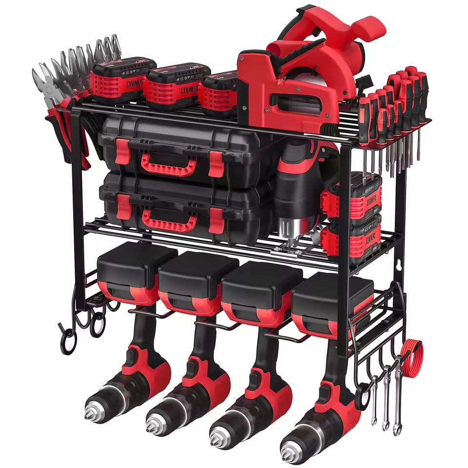 Power Tool Organizer Tool Storage Wall Mount Rack Garage Organization Shelf Rack Cordless Drill Holder Detachable Design Metal