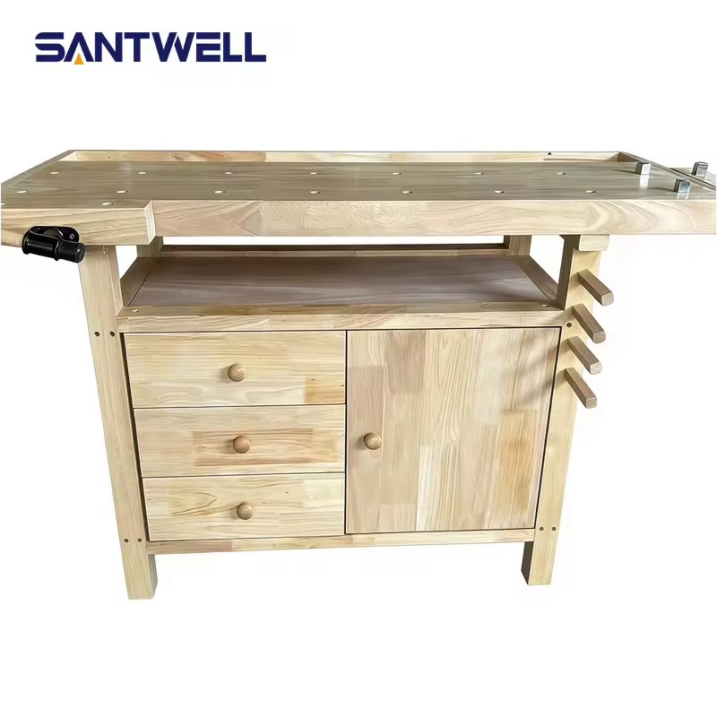 Large Load Capacity Rubber Wood Woodworking Workbench with Storage Cabinet Multi-Functional Operation Table for School&Workshop