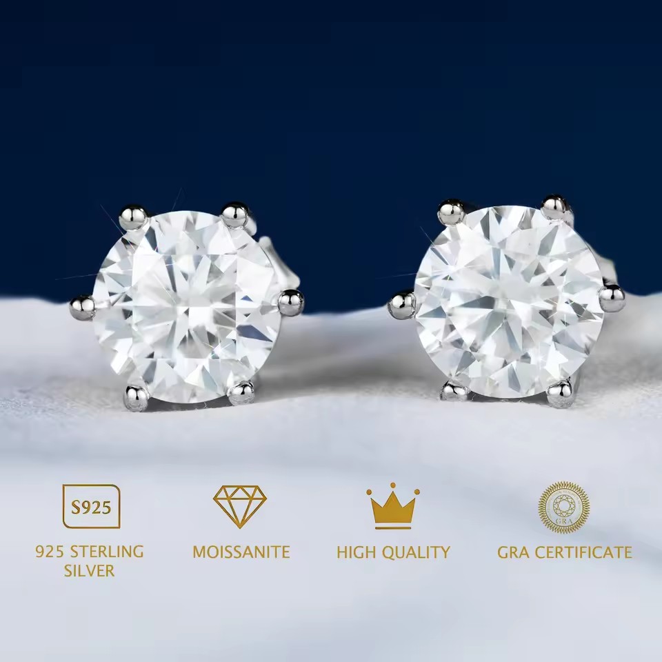 3-Day Delivered Stock 925 Sterling Silver VVS Moissanite Diamond 14K Gold Plated Women 1ct 2ct Mossanite Stud Earrings Men