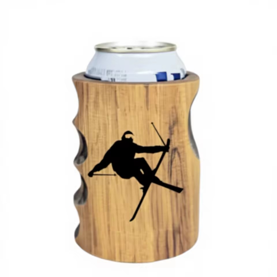 Wood 12oz Beer Cooler with Skiier Design Leakproof Insulated Fits Cans Bottles Portable
