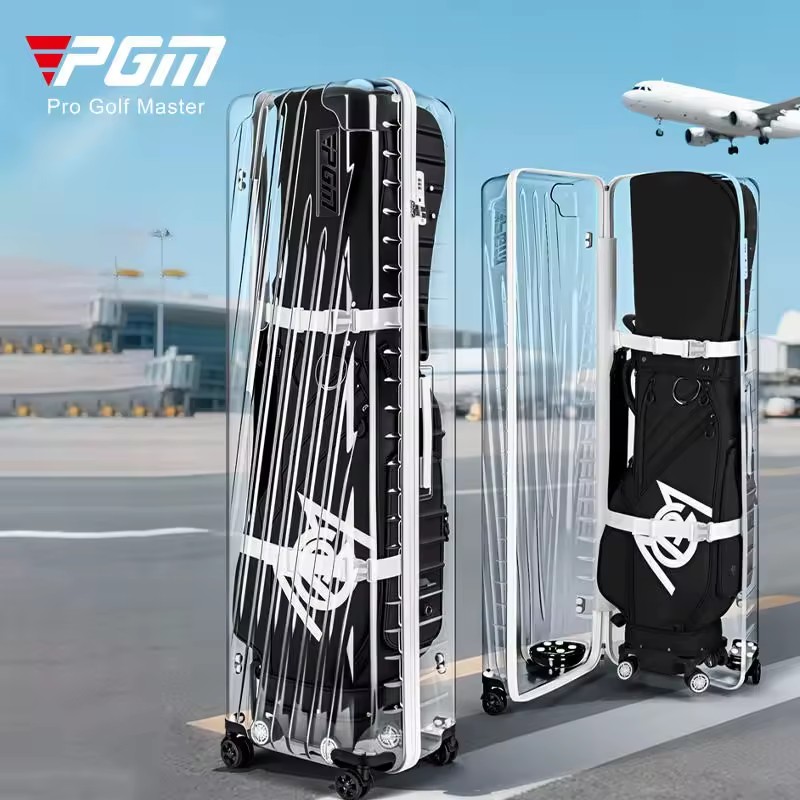 Wholesale PGM HKB016 Waterproof Large Capacity Hard-shell PC Golf Travel Case 4 Wheels Transparent Golf Travel Bag