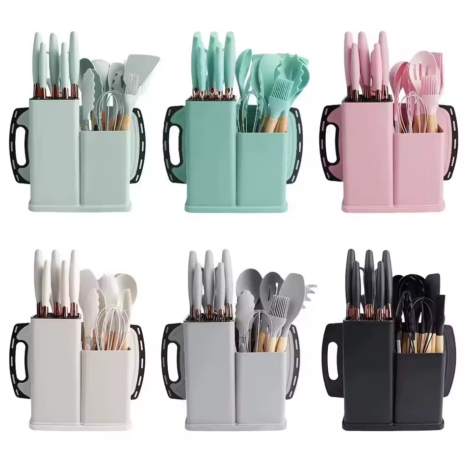 19-Piece Non-Stick Sustainable Silicone Wood Grip Kitchenware Set Dishwasher/Microwave/Oven Safe Cooking Utensil Collection