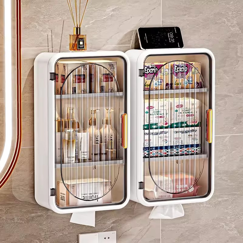 Punch-Free Bathroom Storage Cabinet Shelf with 4 Hooks Wall-Mounted Storage Box Organizer Magnetic Door Kitchen Home Rack Shelf