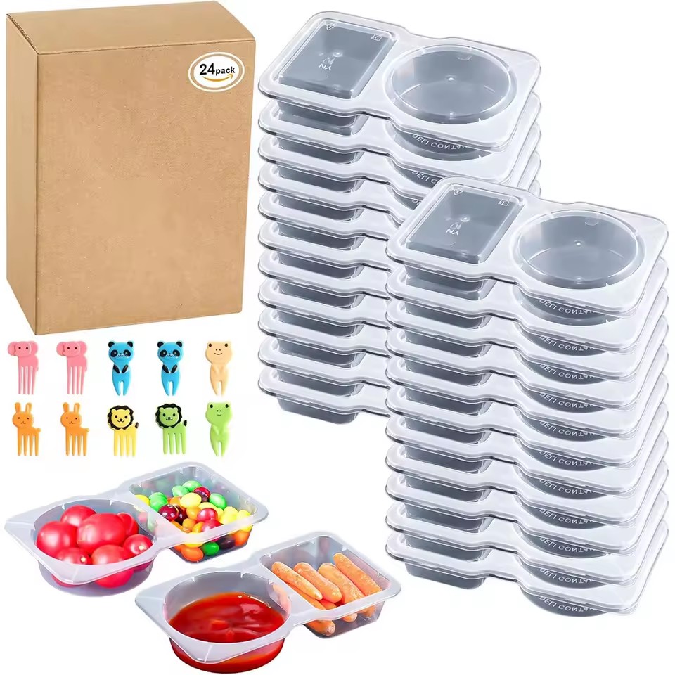 20-Pack Plastic Double Compartment Condiment Snack Boxes Container with Lids for Food Sauces Seasonings Cereal Refrigerator