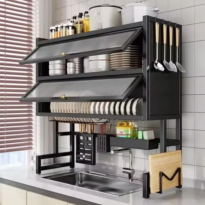 Double-Layer Steel Wall-Mounted Kitchen Sink Storage Rack Dustproof Draining Holder Multi-Functional Door Shelf Bowl Plate