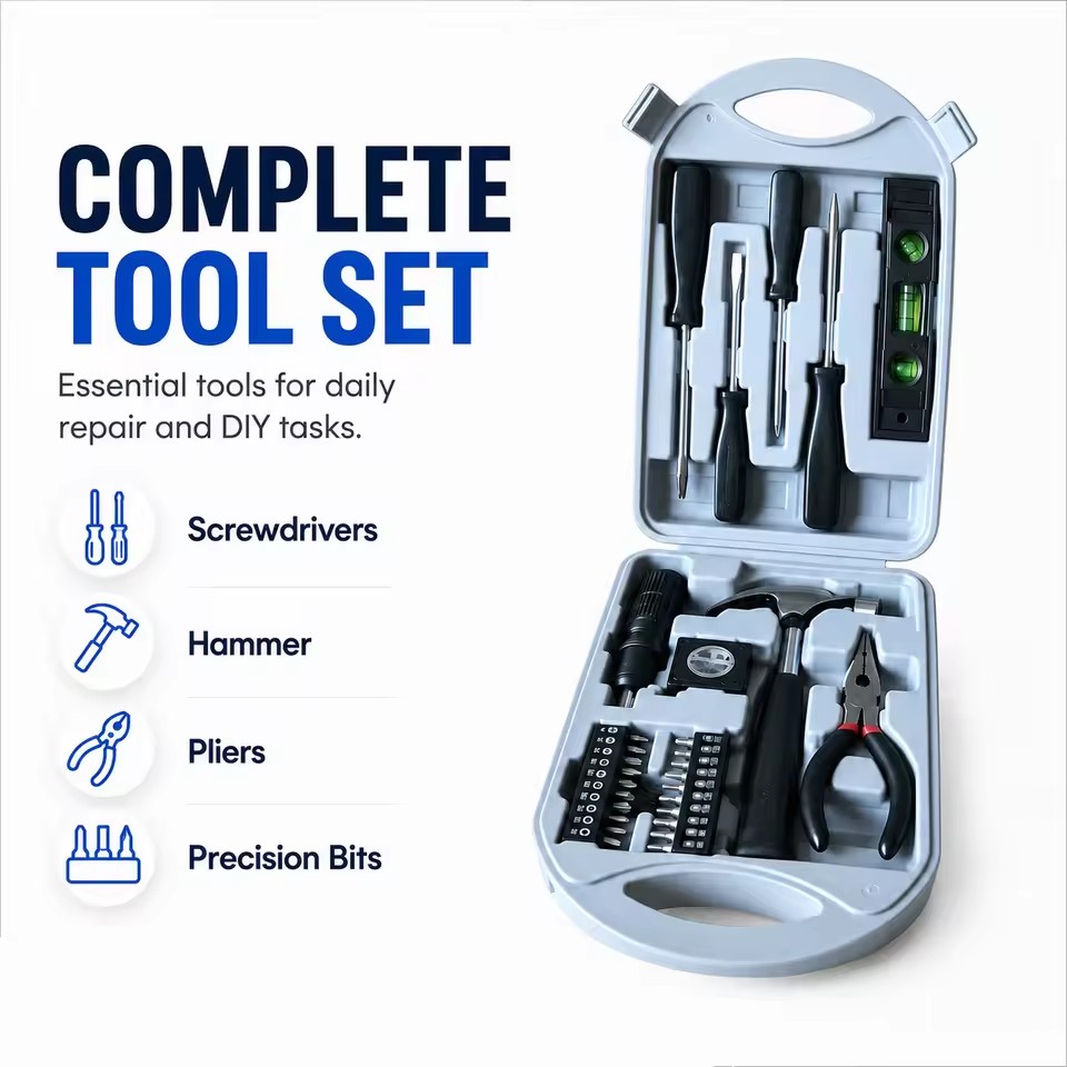 36pcs Universal Manual Tool Set in Plastic Storage Case Durable Hardware Toolkit for Household Repairs and DIY Maintenance