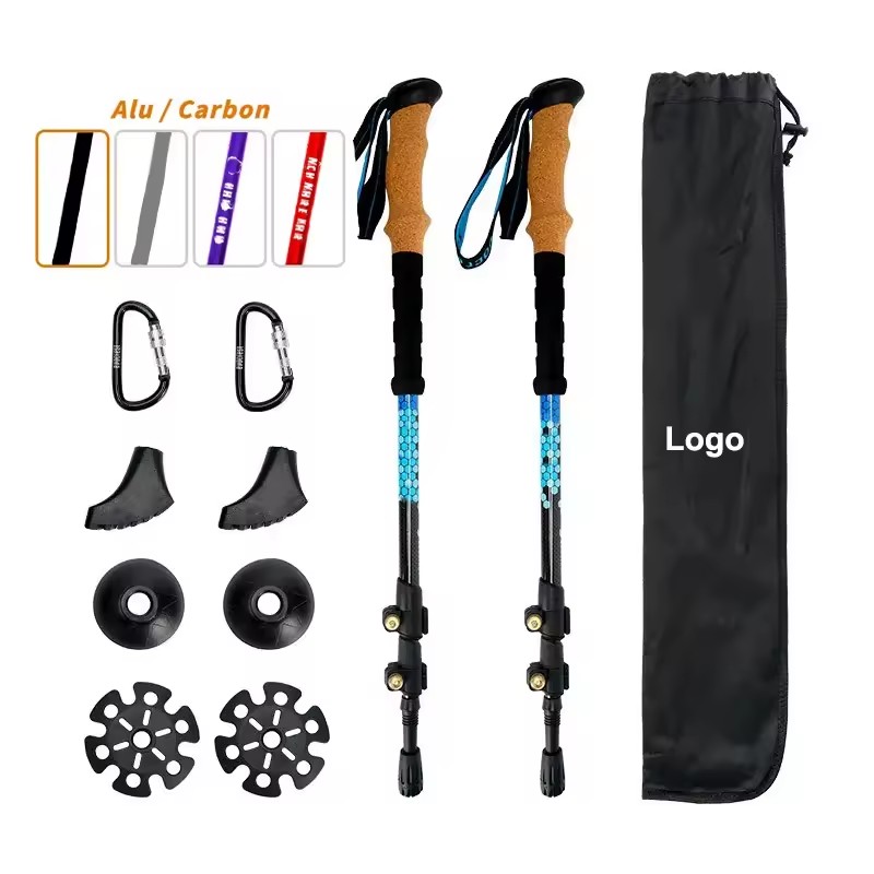 Wholesale ultra Light Tactical Full Carbon Fiber 100% Trekking Pole Nordic Walking Stick Cane Telescopic Cork Handle Flick Lock