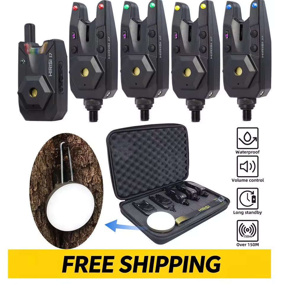 Hirisi S7 Carp Fishing Bite Alarm Kit Wireless Indicator with Camping Light Adjustable Sound&Sensitivity for Outdoor Activities
