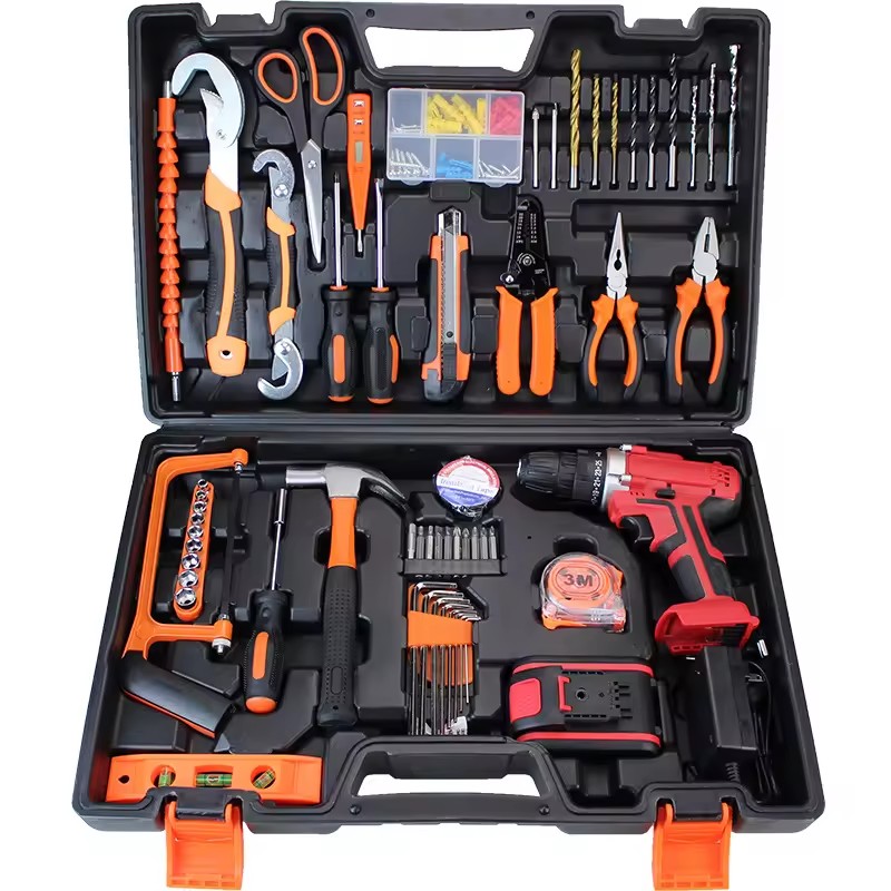 Power Electrical Mechanics Hardware Screwdriver Spanner Combo Hand Tools Kit Set Box 21V Cordless Lithium Drill Machine Set
