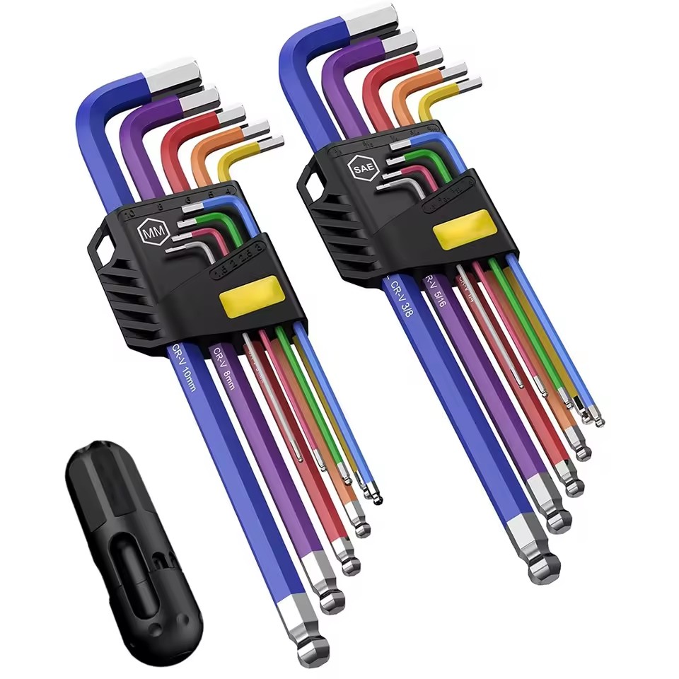 Hex Key Allen Wrench Set 18PCS Metric SAE Allen Key Set Ball End CRV S2 Steel 1.5mm-10mm 1/16-3/8 for Vehicle Bicycle Repairs