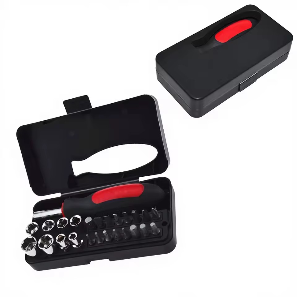 Factory Direct 25 in 1 Hardware Tools Set 25PC with Batch Head Sleeve Household Use Plastic Case Storage