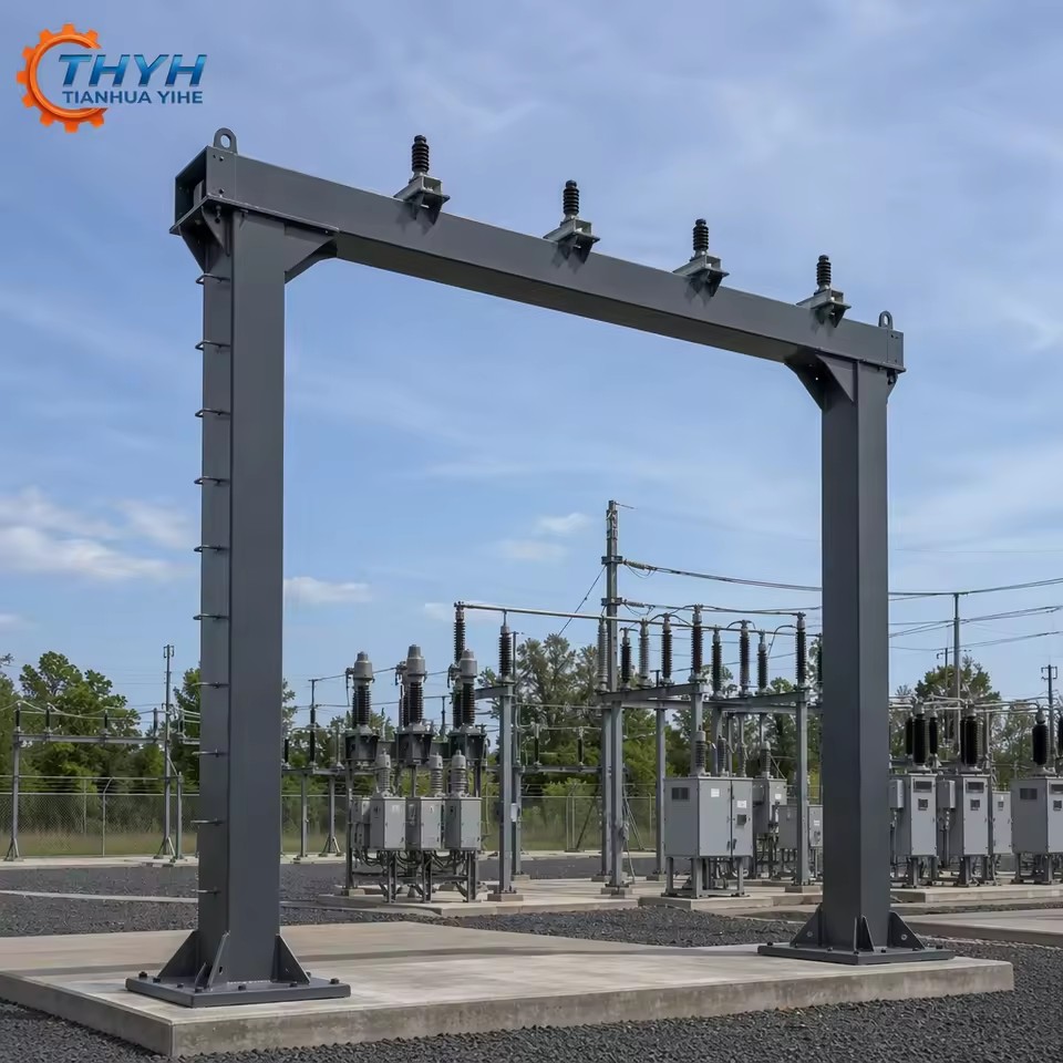 Heavy Plate Welded Substation Gantry Support Frame 3-Layer Coated ASTM A36 ISO 9001 BV AWS for Electrical Power Distribution