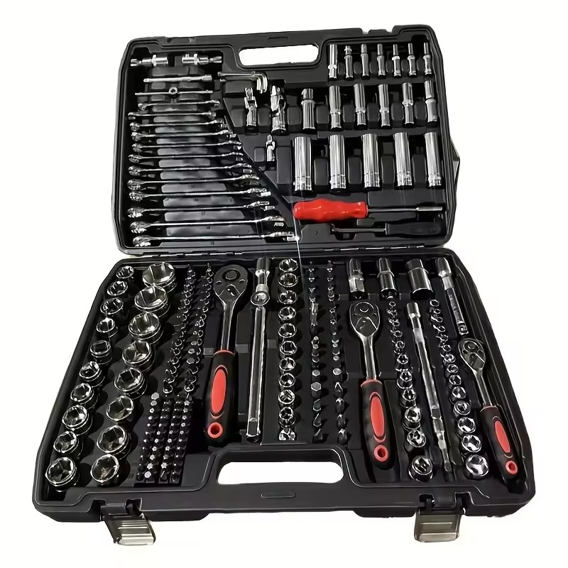216-Piece Professional Durable Carbon Steel Mechanic's Tool Set Ratchet Wrenches Sockets OEM Hard Case for Home Vehicle Use