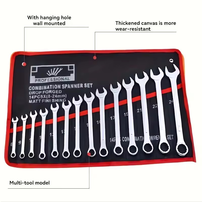 14-Pocket Double-Headed Thickened Wear-Resistant Tool Storage Bag with Hanging Hole for Wrench and Hardware Storage