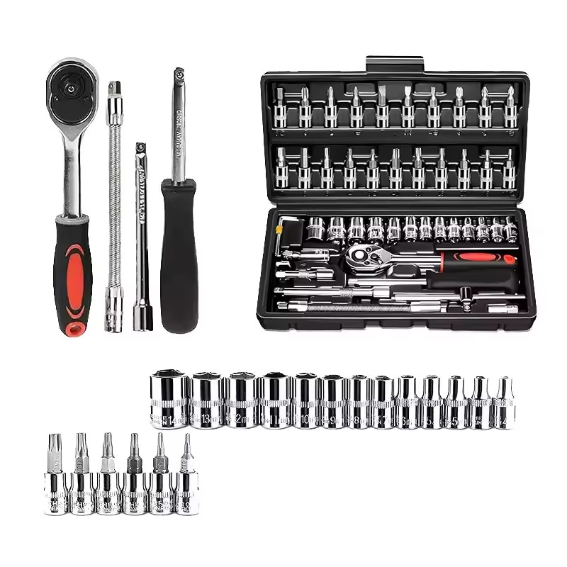 46-Piece DIY Metric Steel Auto Repair Ratchet Wrench Tool Box Portable Car Socket Hand Repair Tool Set for Vehicle Maintenance