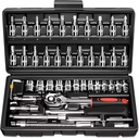 46-Piece 1/4-Inch Drive Metric Socket Ratchet Wrench Set with Extension Bar Hand Tools Case for Auto Repair and Garden Use