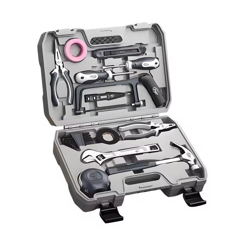 Versatile 13-Piece Hand Tool Set Hard Case Chrome Vanadium Steel Wrenches Measuring Tools Hammers Scissors Screwdrivers Pickaxe