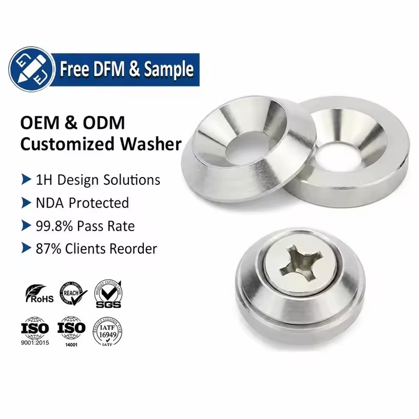 Custom Countersunk Stainless Steel and Zinc Plated Aluminum Washers Concave and Convex Tapered Cone Conical Surface