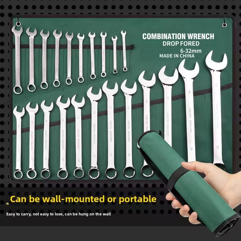 Canvas Bag Dual-Purpose 15-Piece Double-Headed Plum-Head Open-End Ring Wrench Set Chromium-Vanadium Steel Automobiles