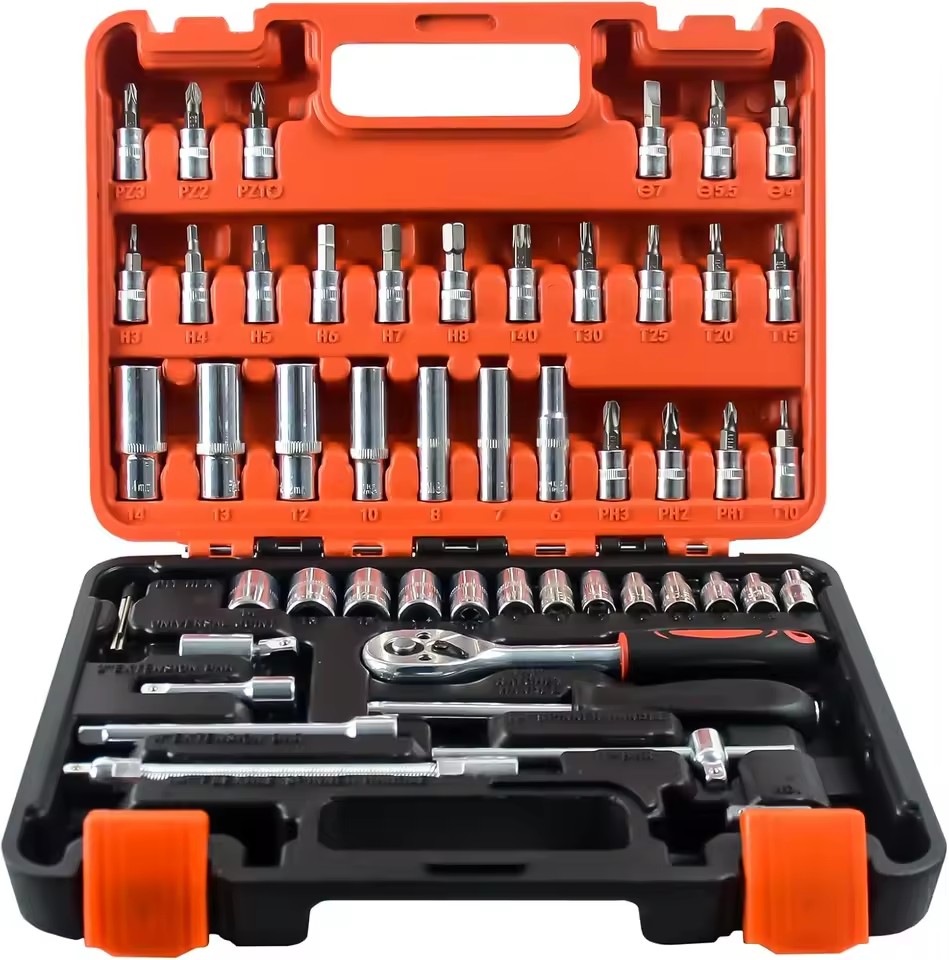 53 Pcs Tool Set Auto Repair Kit Socket Wrench Set With Ratcheting Wrench Plastic Toolbox Storage Case for Car Repair Tools