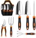 6 PCS Garden Tools Include Trowel Rake Pruning Shears Weeder Tote Beg With Heavy Duty Stainless Steel Gardening Tool Kit