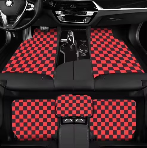 Custom Retro Checkered Durable All-Weather Velvet 5mm Thick Anti-Slip Universal Fit Model X/S Full Set Car Floor Mats