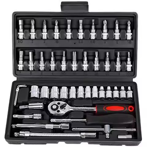 46-Piece Auto Repair Tool Set Socket with Ratchet Wrench Bit Hard Case Combination Tool for Auto Parts Hand-Powered Source