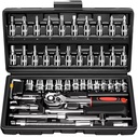 46PCS Hand Operated Socket Wrench Set 1/4" Ratchet Handle Toolkit | Metal Construction Car Repair Tools for Home Garage
