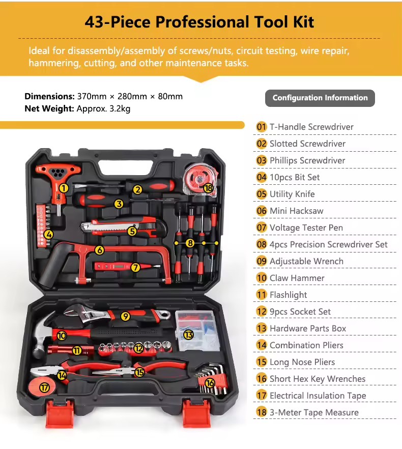 43-Piece Professional Auto Repair Tool Kit with Wrench & Socket Set Heavy-Duty Carbon Steel Hand Tools Hard Case