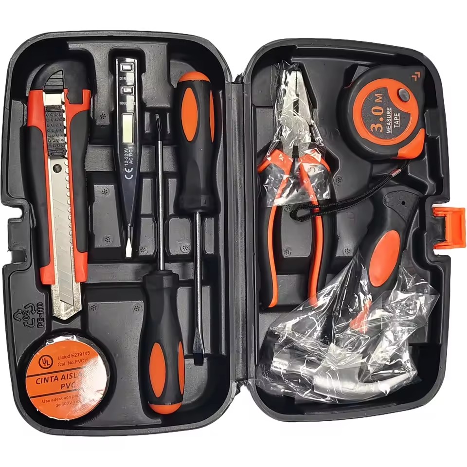 9pcs Home Use Repair Tools Set Multifunctional Screwdriver Knives Hammer Pliers Tape Tester Household Combination Tool Box Kit