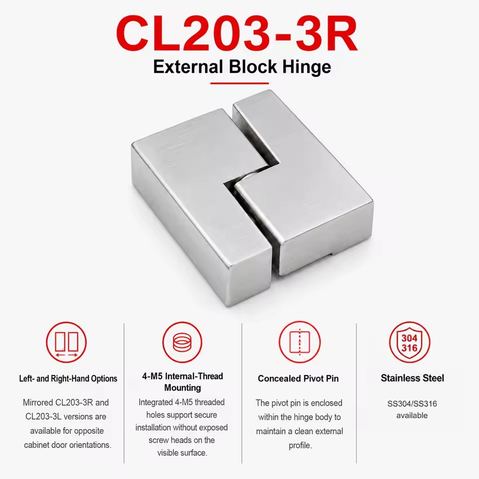 FIRIX CL203-3R 15mm Brushed Stainless Steel Industrial External Block Hinge 180 Degrees Opening Easy Installation for Modular