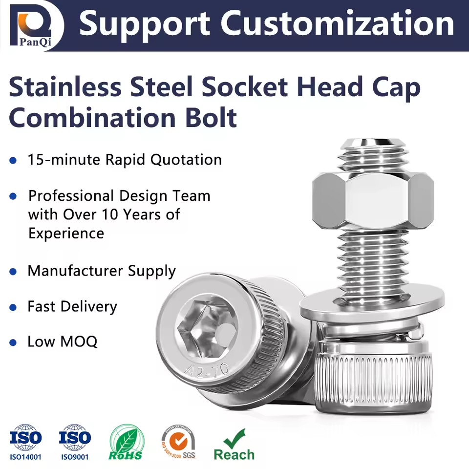 Hot Selling M4M5M6M8M10M12 304/316 Stainless Steel Cap Head Hexagonal Socket Screw Triple Combination Bolt Washer Nut Metric