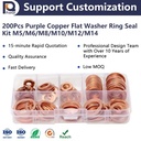200Pcs Purple Copper Flat Washer Ring Seal Kit M5/M6/M8/M10/M12/M14 Nut Bolt Assortment Brass Sump Plugs Gaskets for Various