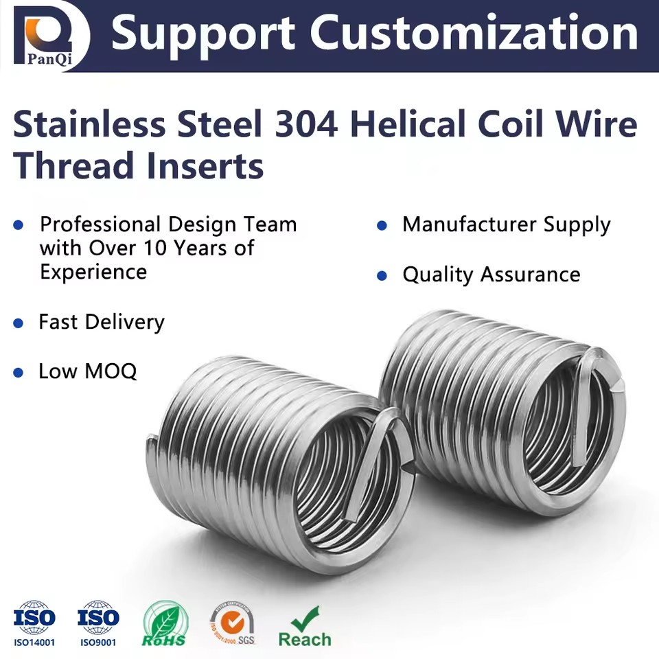 304 Stainless Steel Wire Thread Inserts High Quality Metric UNC M2-M24 M8x1.25 Plain Finish Custom Sizes Screws Fasteners