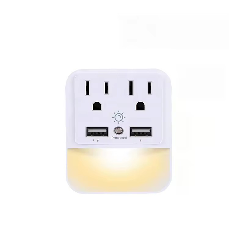 2 USB 2-Way Wall Outlet Extender Surge Protected Copper Sensor LED Night Light 125V 15A US Wall Plug