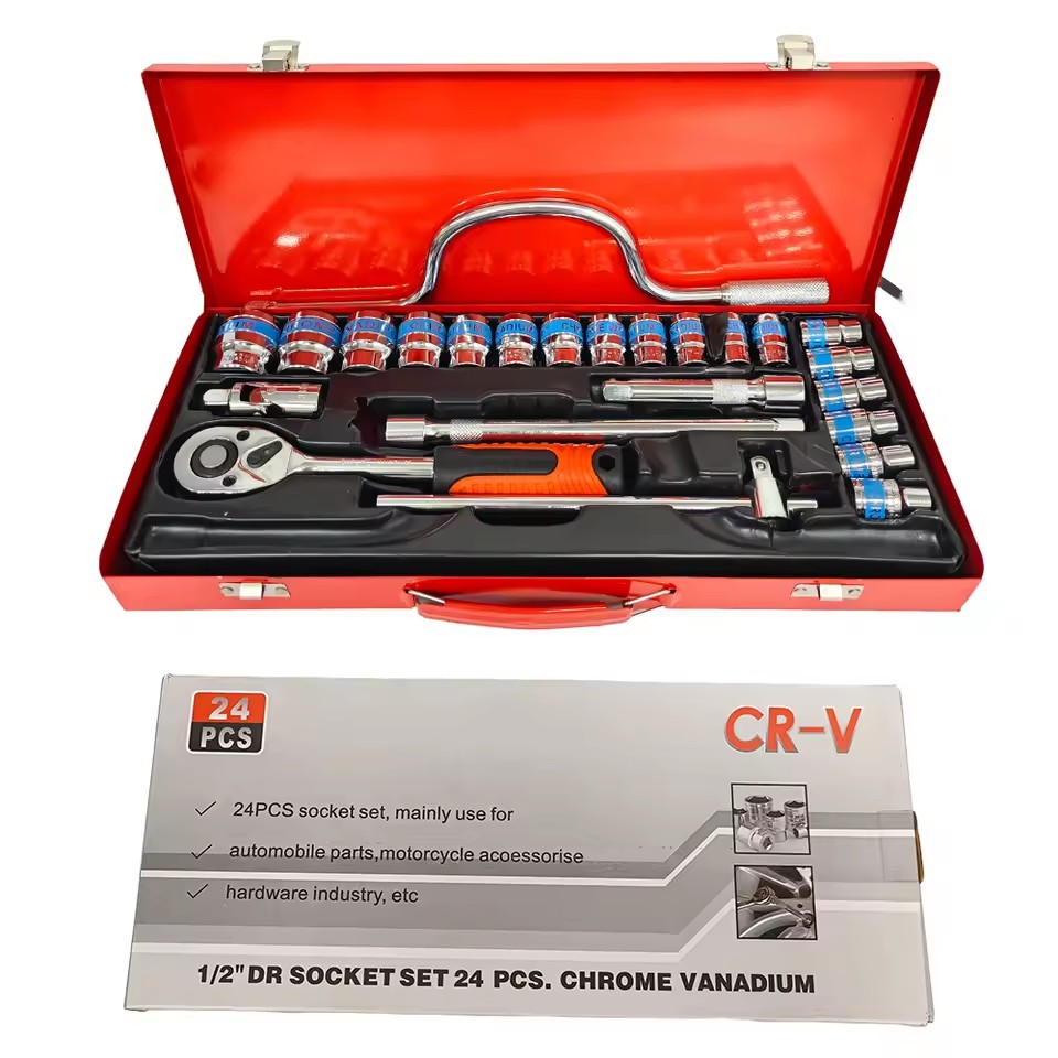 24-Piece Carbon Steel Hand Mechanic Tools Red Iron Box Set Hard Case OEM Customized Car Repair Tool Box Ratchet Wrench Socket