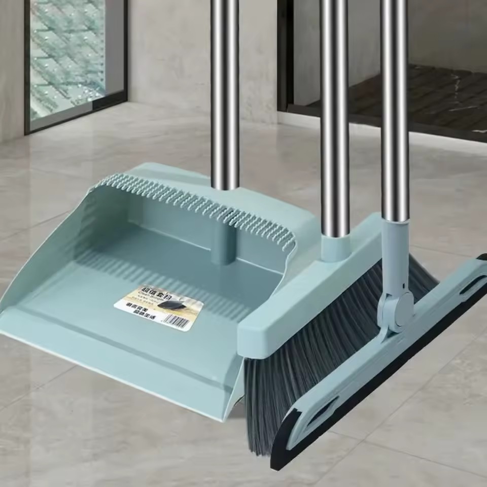 Light Blue Broom and Dustpan Set Household Two-Piece or Three-Piece All-in-One with Squeegee Pick Tool