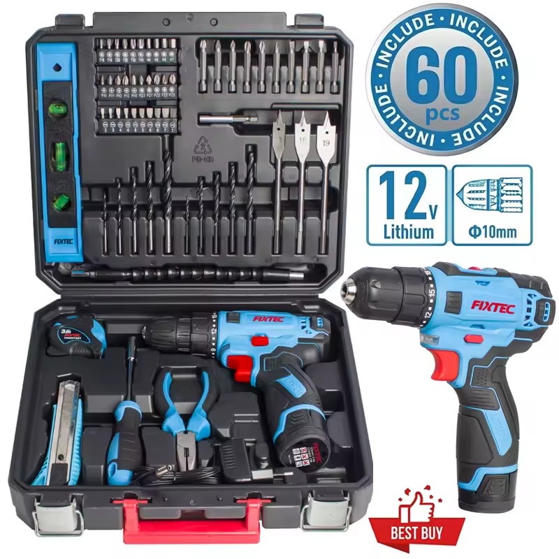 FIXTEC 12V Cordless Drill Kit with 60pcs Hand Tools Set Professional Electric Drill Machine for Household DIY Wholesale