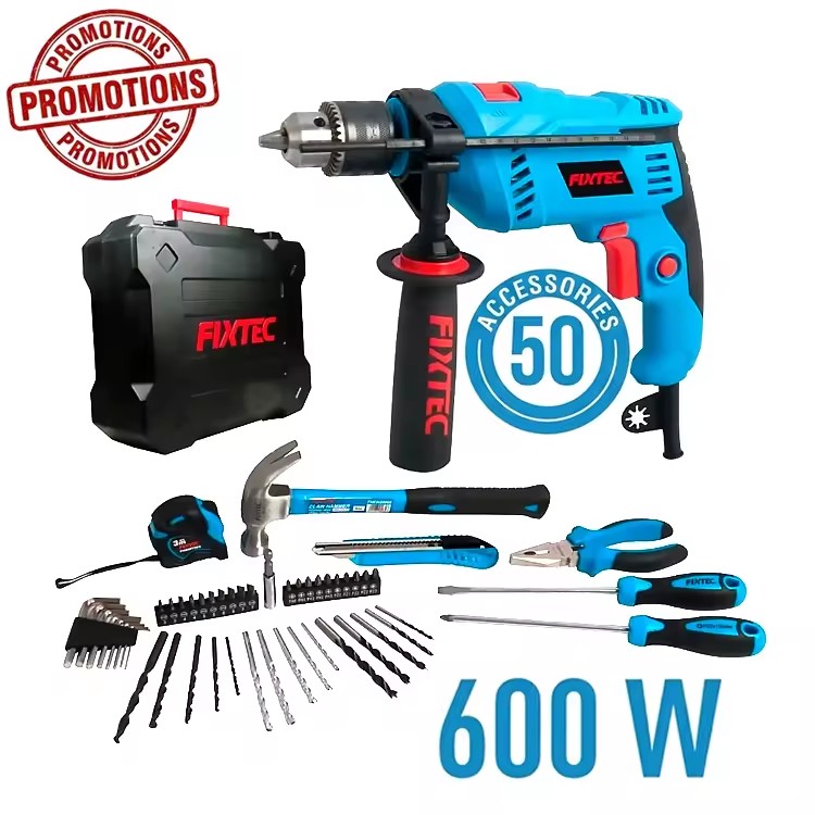 FIXTEC 600W 13mm Impact Drill Kit with 50pcs Hand Tools Set Professional Power Tool Combo Kit with CE/GS Certified