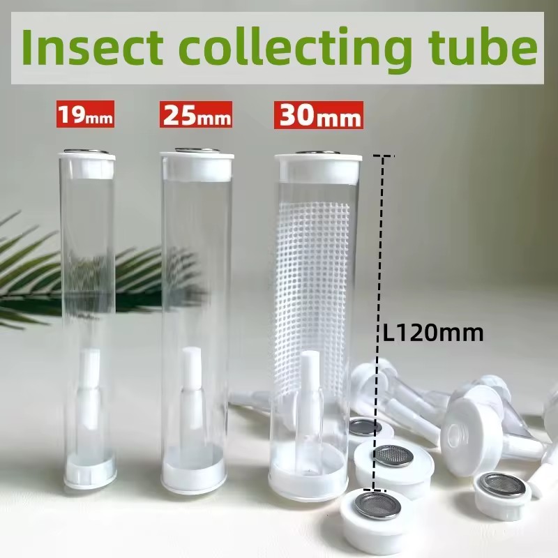 PC Insect Collection Tube with Breathable Mesh Water-Absorbing Cotton 18-29mm Sizes 120mm Length Lids Included