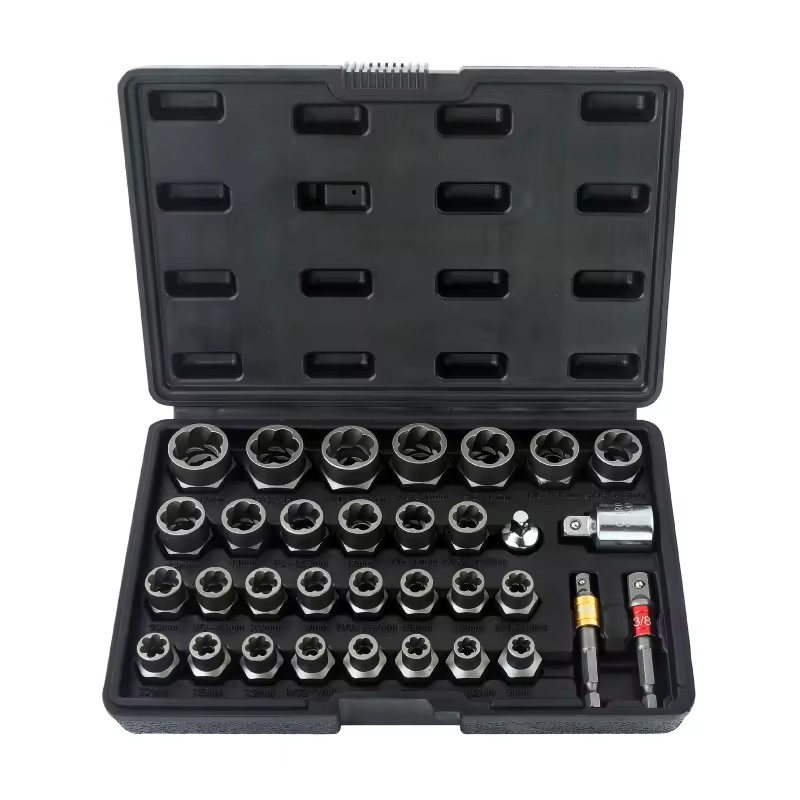Hi-Spec Compact 33pc Nut Bolt Extractor Socket Adaptors Set 6-19mm Carbon Steel Broken/Damaged Removal OEM/ODM Ready 3-Year