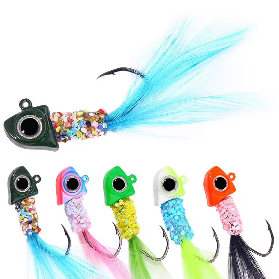 Wholesale JI056/JI057/JI058 0.85g 1.75g 3.5g 5pcs/bag Lead Jig Head Fishing Hooks with Feather Colorful Tail Jigs