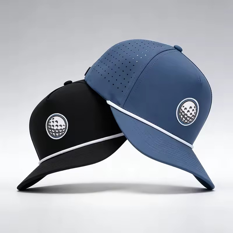 Club Company Customized Sports Waterproof 5 Panel Baseball Cap Hydro Breathable Rope Golf Hats with Rubber/PVC Logo Gorras