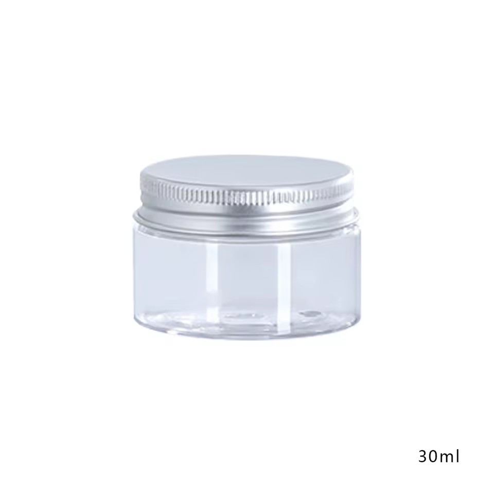 Custom 20ml 25ml 30ml 40ml 50ml 60ml 70ml clear Wide Mouth Cosmetic Containers Plastic Pet Jar with Aluminum Lid