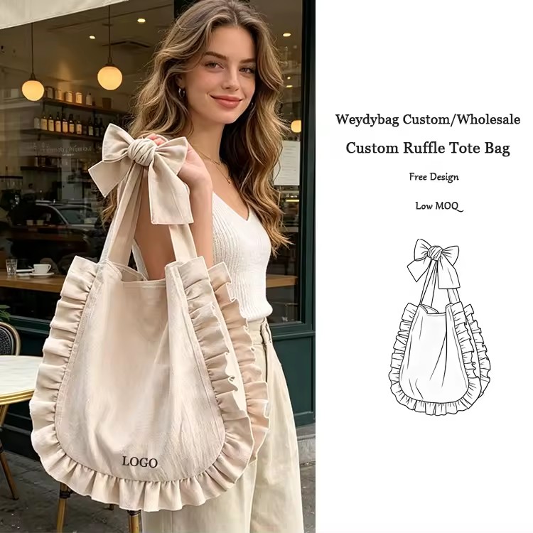 Custom Ruffled Tote Bag Summer Beach Totebag French Style Frill Shoulder Bags OEM Soft Slouchy Cotton Shopping Bags With Bow Tie
