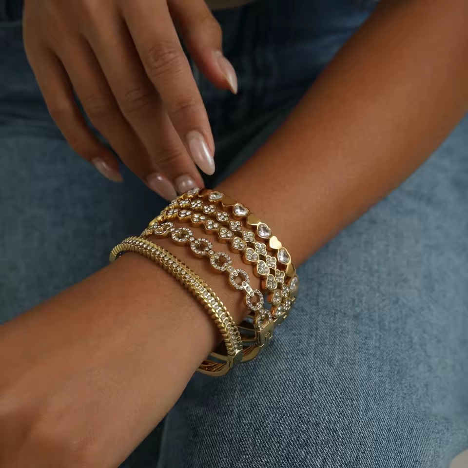 Non Tarnish PVD Gold Plated Jewelry Inlaid With Cubic Zirconia Bangles Stainless Steel Simple Bangle Bracelet Sets Women Jewelry