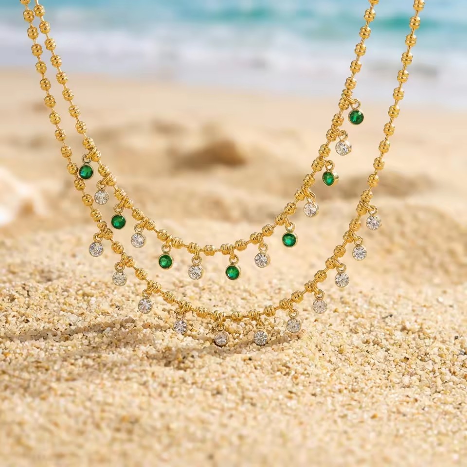 Custom Stainless Steel 18K Gold Plated Zircon Layered Necklace for Women Trendy Link Chain Gift