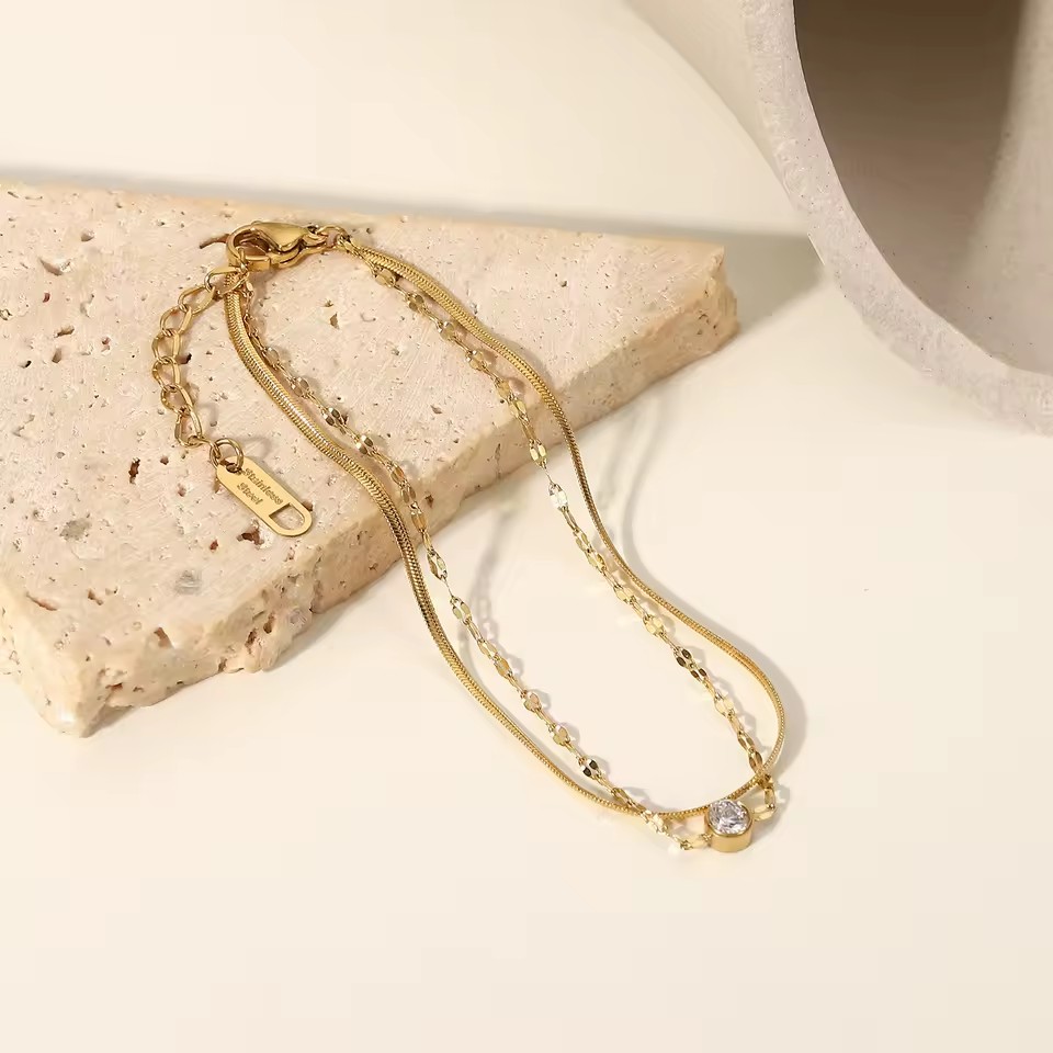Trendy Jewelry Double Layer Snake Bone Chain Zircon Thin Gold Stainless Steel Bracelet